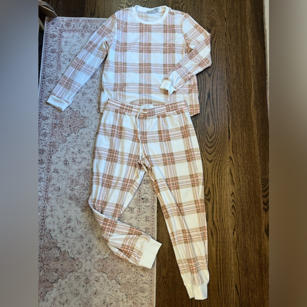 Rachel Zoe Cream and Brown Pajama Set with Classic Plaid Design